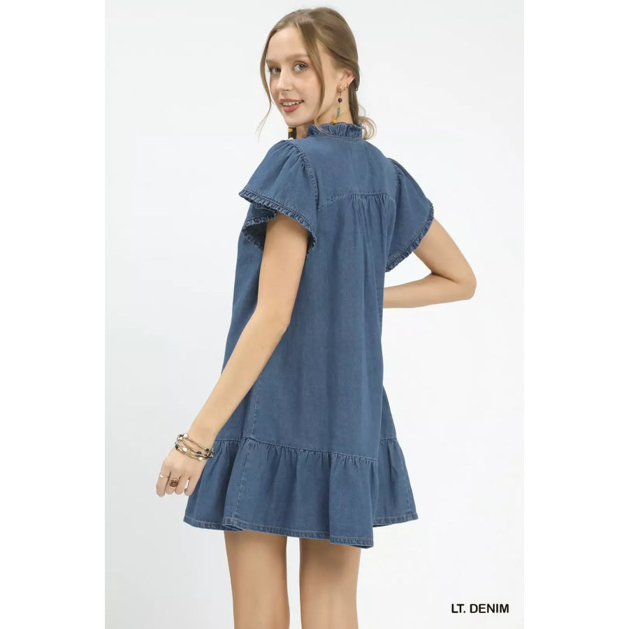 Umgee Ruffled Washed Denim Dress Apparel and Accessories