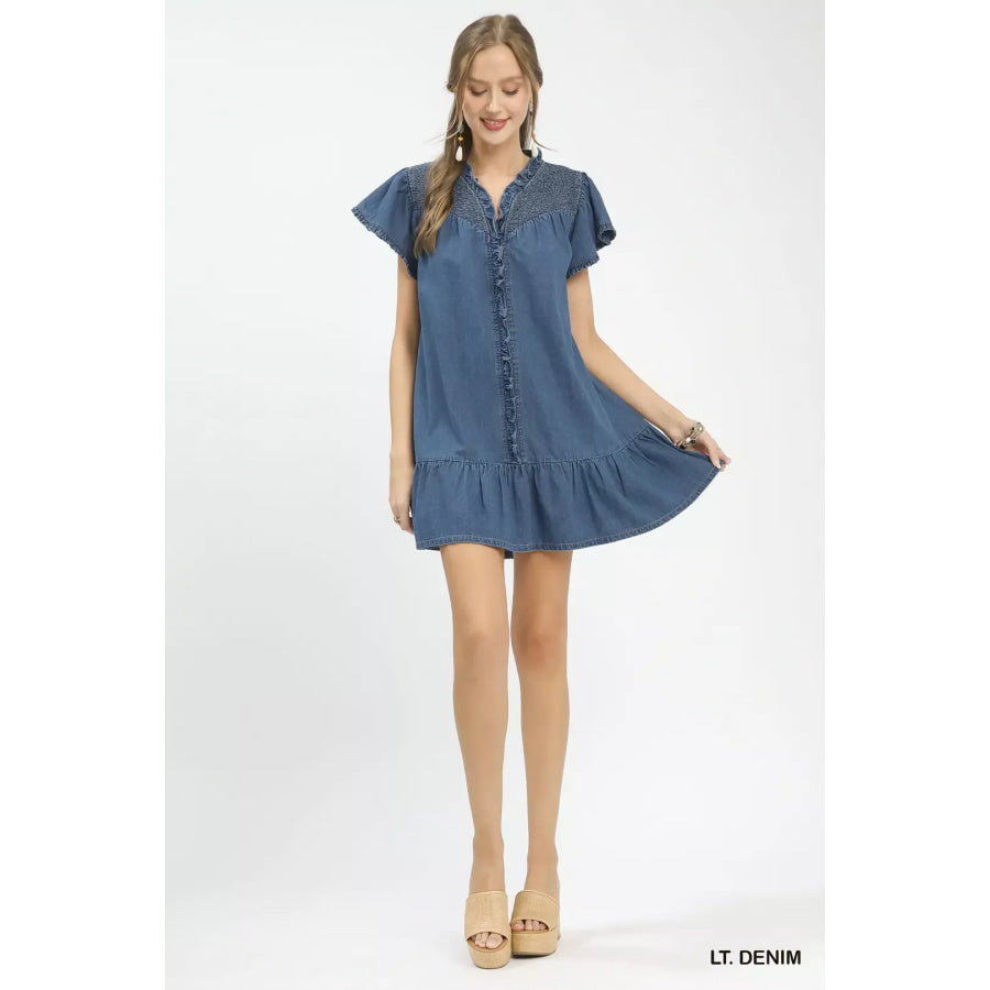 Umgee Ruffled Washed Denim Dress Apparel and Accessories