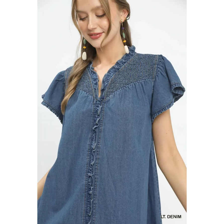 Umgee Ruffled Washed Denim Dress Apparel and Accessories