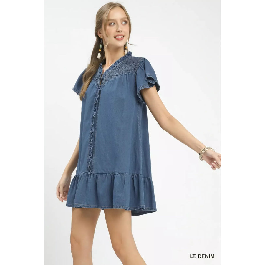 Umgee Ruffled Washed Denim Dress Apparel and Accessories
