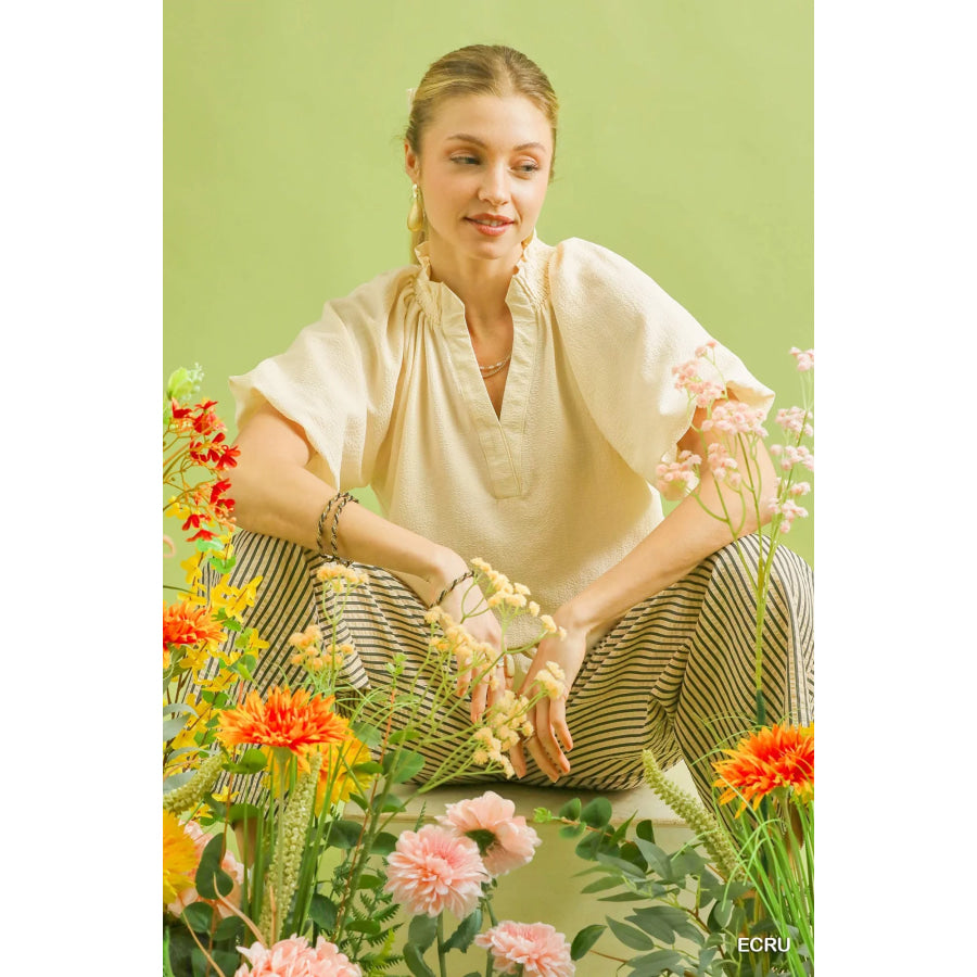 Umgee Scalloped Hem Textured Blouse ECRU / S Apparel and Accessories