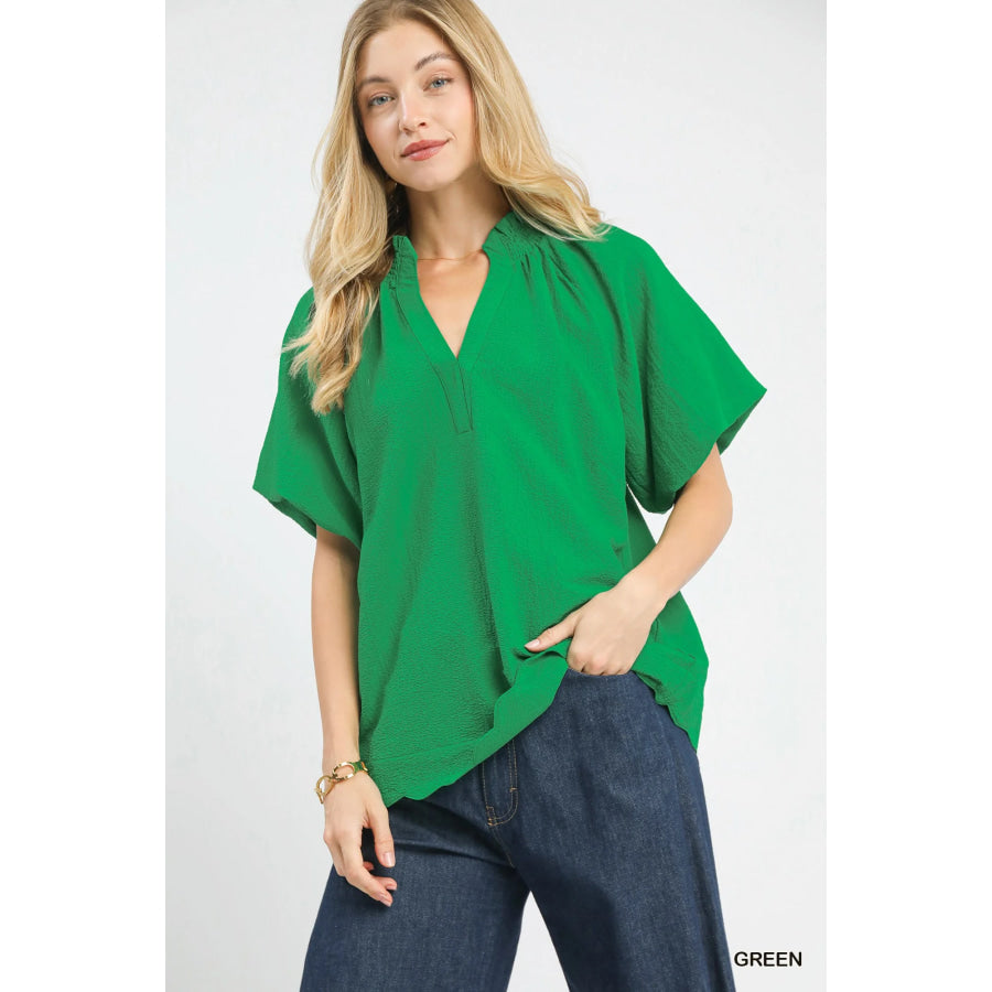 Umgee Scalloped Hem Textured Blouse GREEN / S Apparel and Accessories