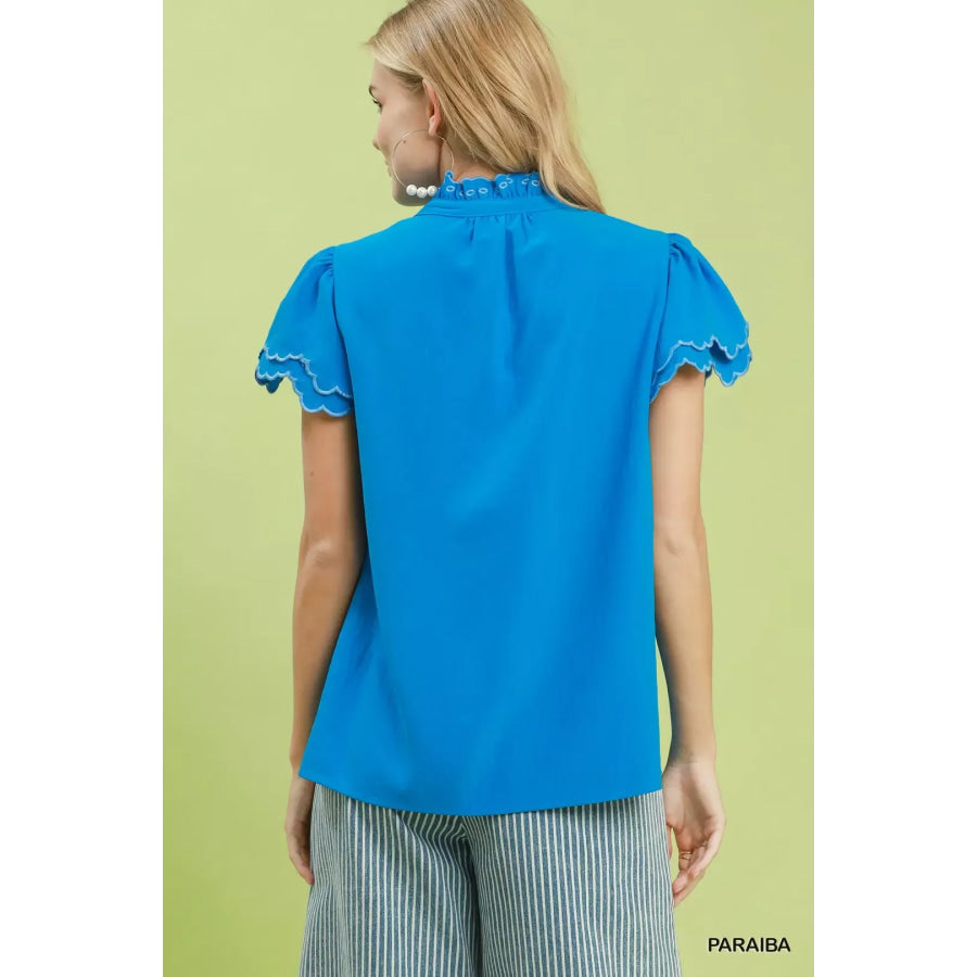 Umgee Scalloped Ruffle Sleeve Top Apparel and Accessories