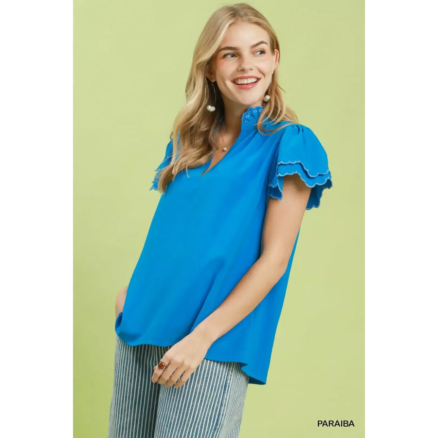 Umgee Scalloped Ruffle Sleeve Top Apparel and Accessories