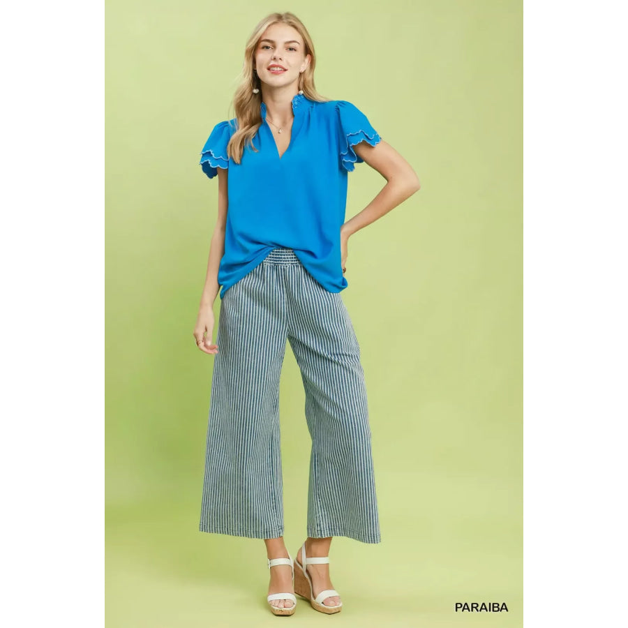 Umgee Scalloped Ruffle Sleeve Top Apparel and Accessories