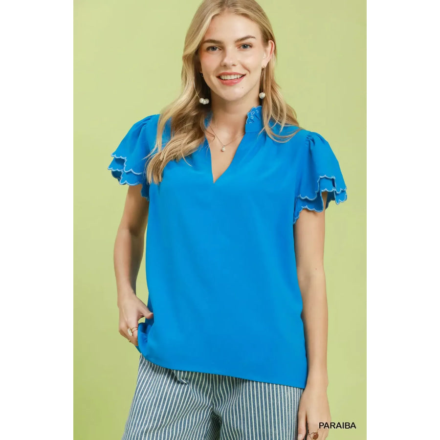 Umgee Scalloped Ruffle Sleeve Top PARAIBA / S Apparel and Accessories