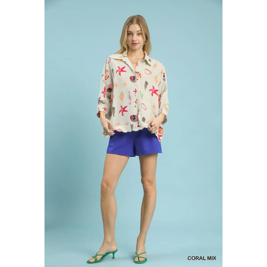 Umgee Seashell & Starfish Print Button-Down Top Apparel and Accessories