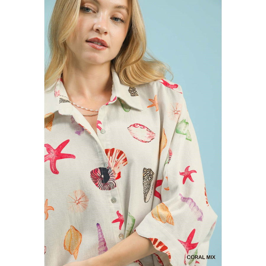 Umgee Seashell & Starfish Print Button-Down Top Apparel and Accessories