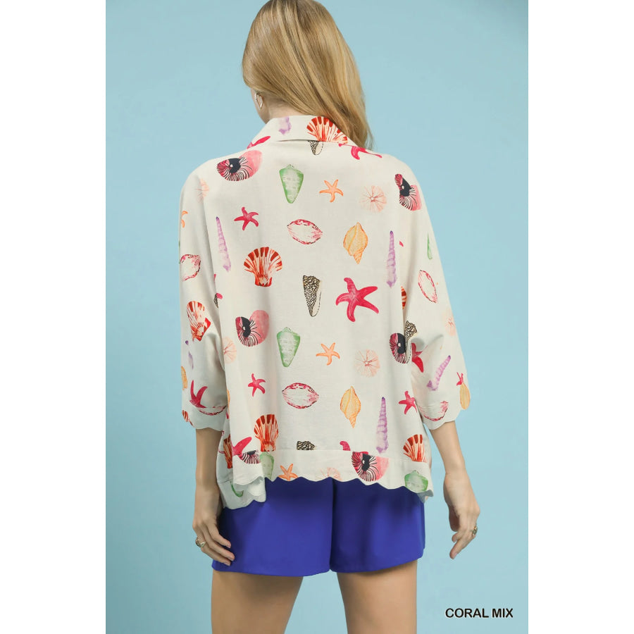 Umgee Seashell & Starfish Print Button-Down Top Apparel and Accessories