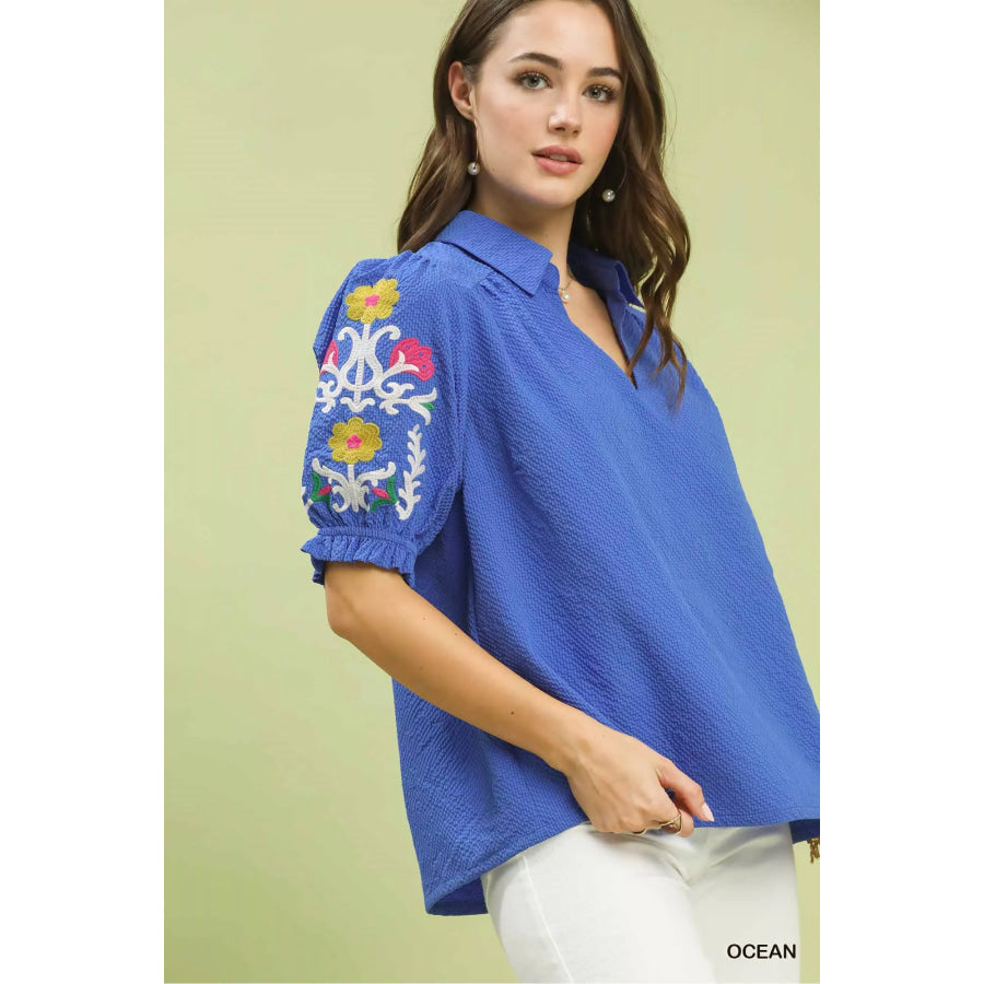 Umgee Seersucker Embroidered Sleeve Blouse Apparel and Accessories