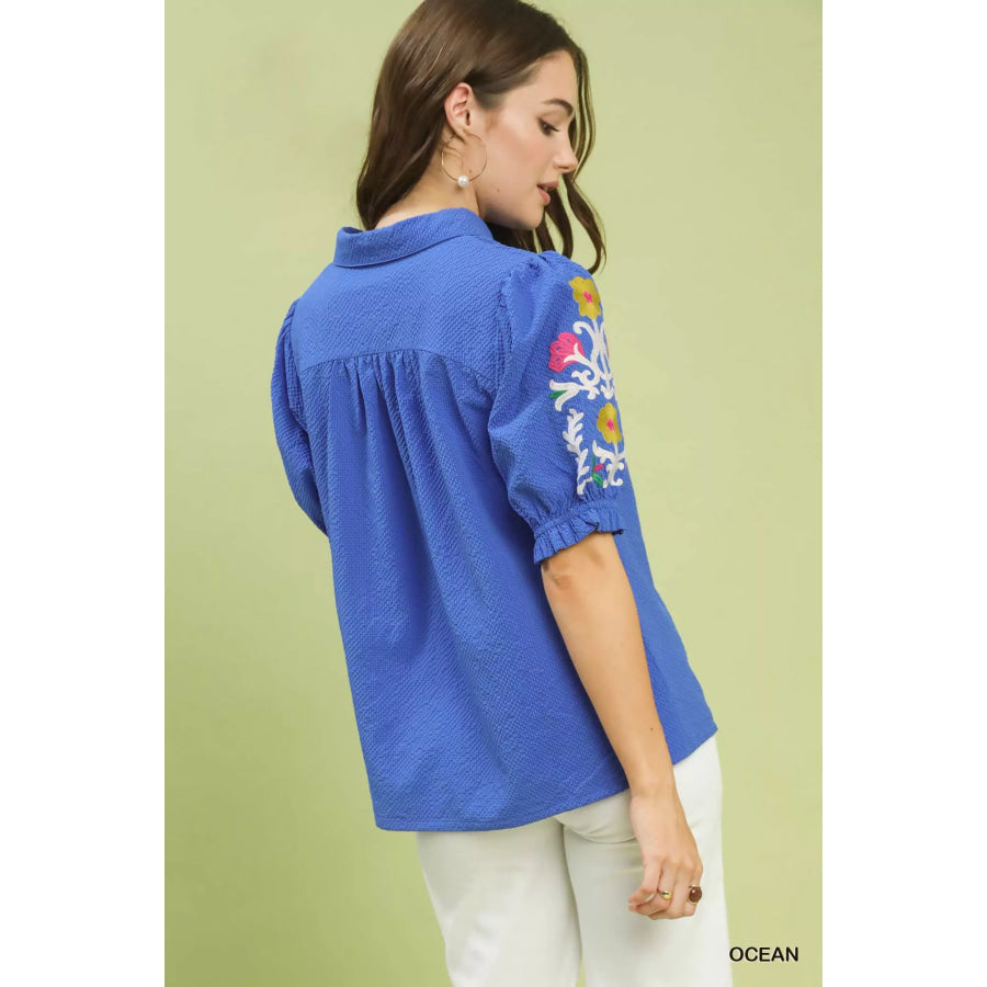 Umgee Seersucker Embroidered Sleeve Blouse Apparel and Accessories