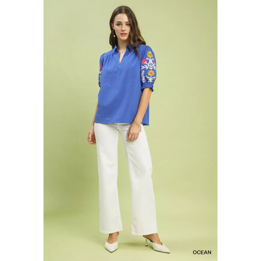 Umgee Seersucker Embroidered Sleeve Blouse Apparel and Accessories