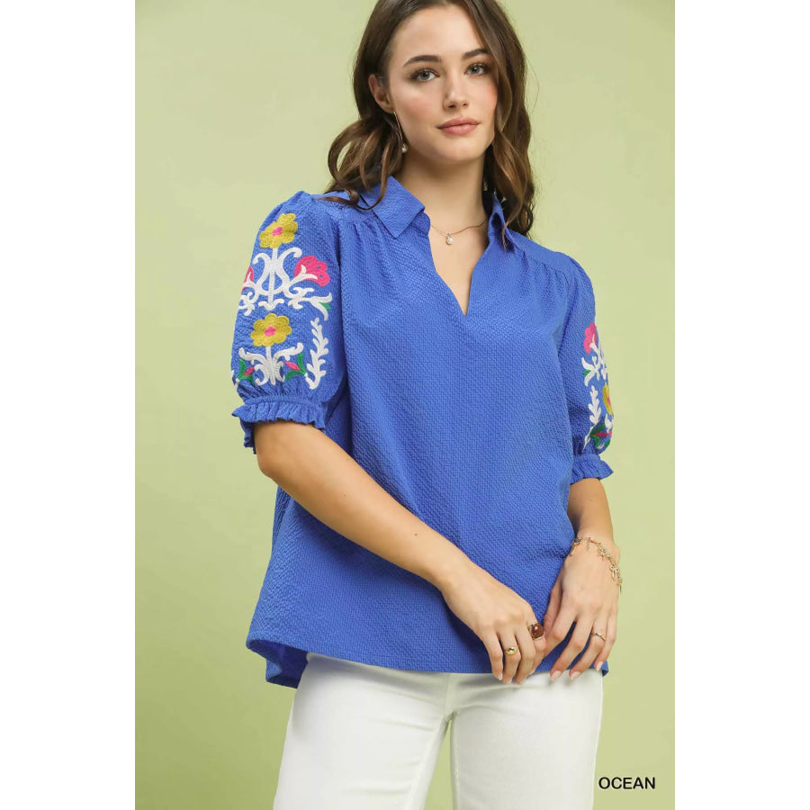 Umgee Seersucker Embroidered Sleeve Blouse OCEAN / S Apparel and Accessories