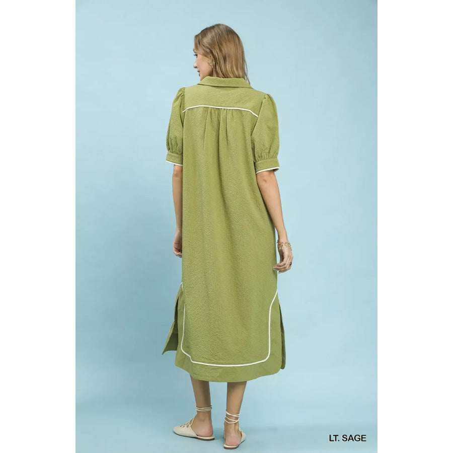 Umgee Seersucker Midi Dress with Contrast Trim Apparel and Accessories
