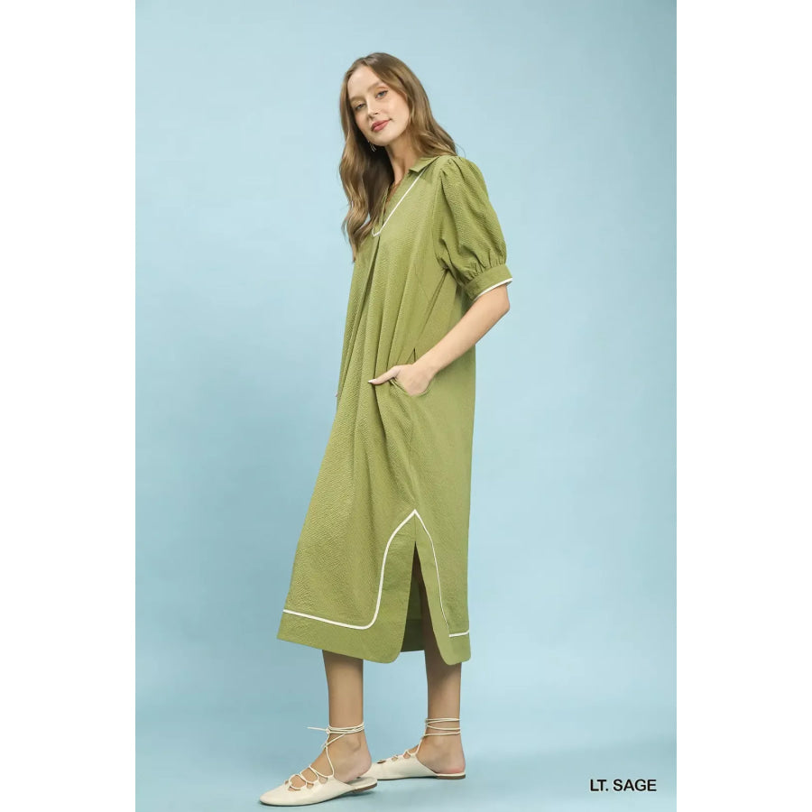 Umgee Seersucker Midi Dress with Contrast Trim Apparel and Accessories