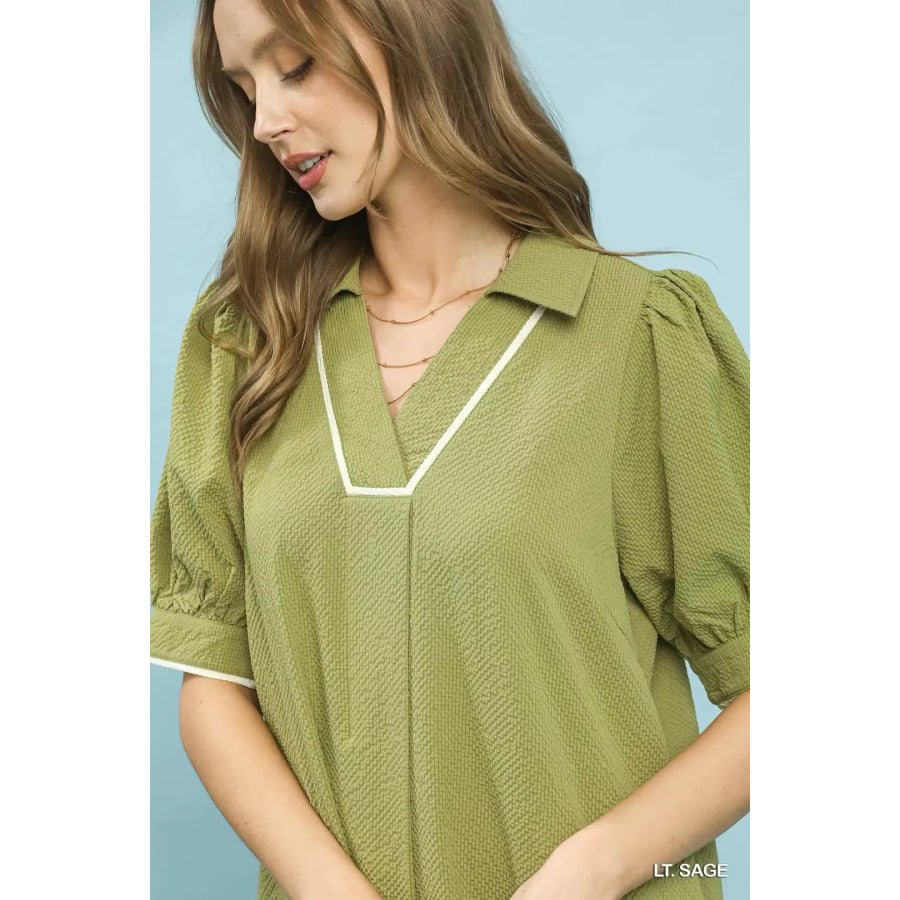 Umgee Seersucker Midi Dress with Contrast Trim Apparel and Accessories