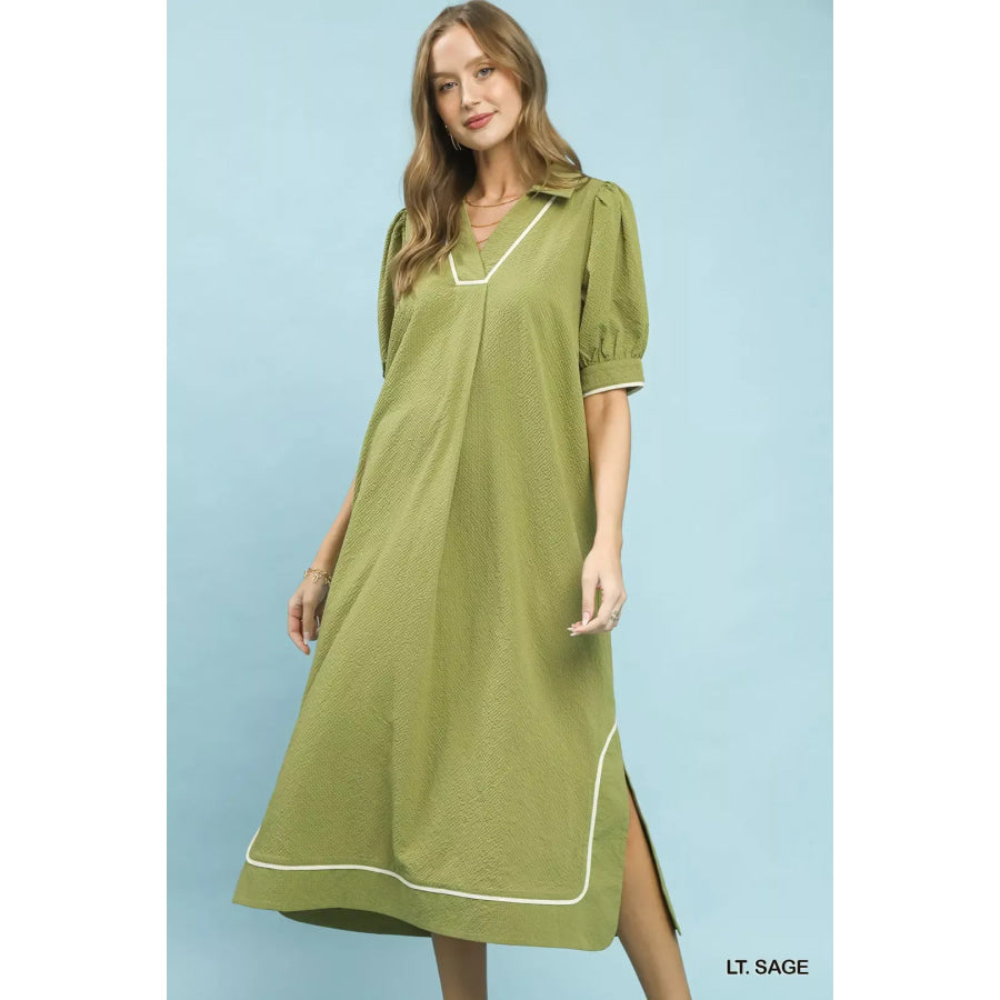 Umgee Seersucker Midi Dress with Contrast Trim Apparel and Accessories