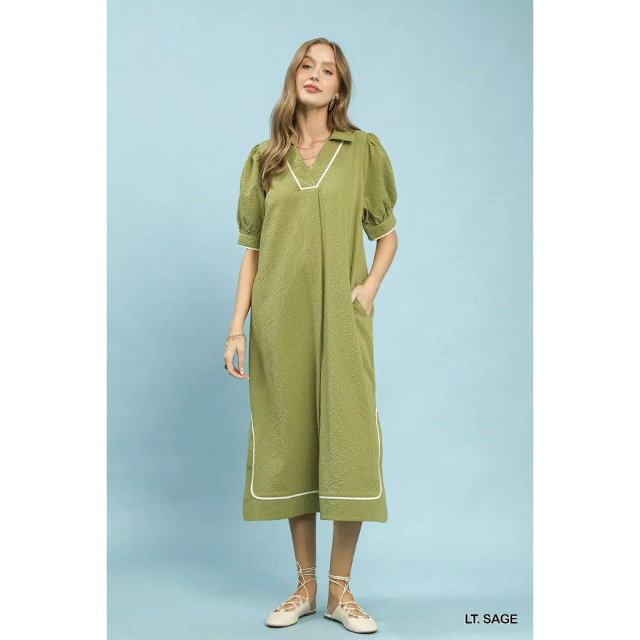 Umgee Seersucker Midi Dress with Contrast Trim LT. SAGE / S Apparel and Accessories