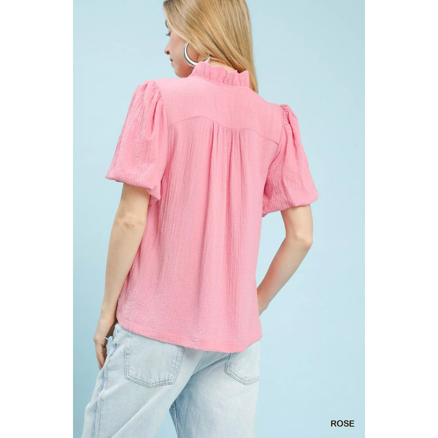 Umgee Seersucker Puff Sleeve Blouse Apparel and Accessories