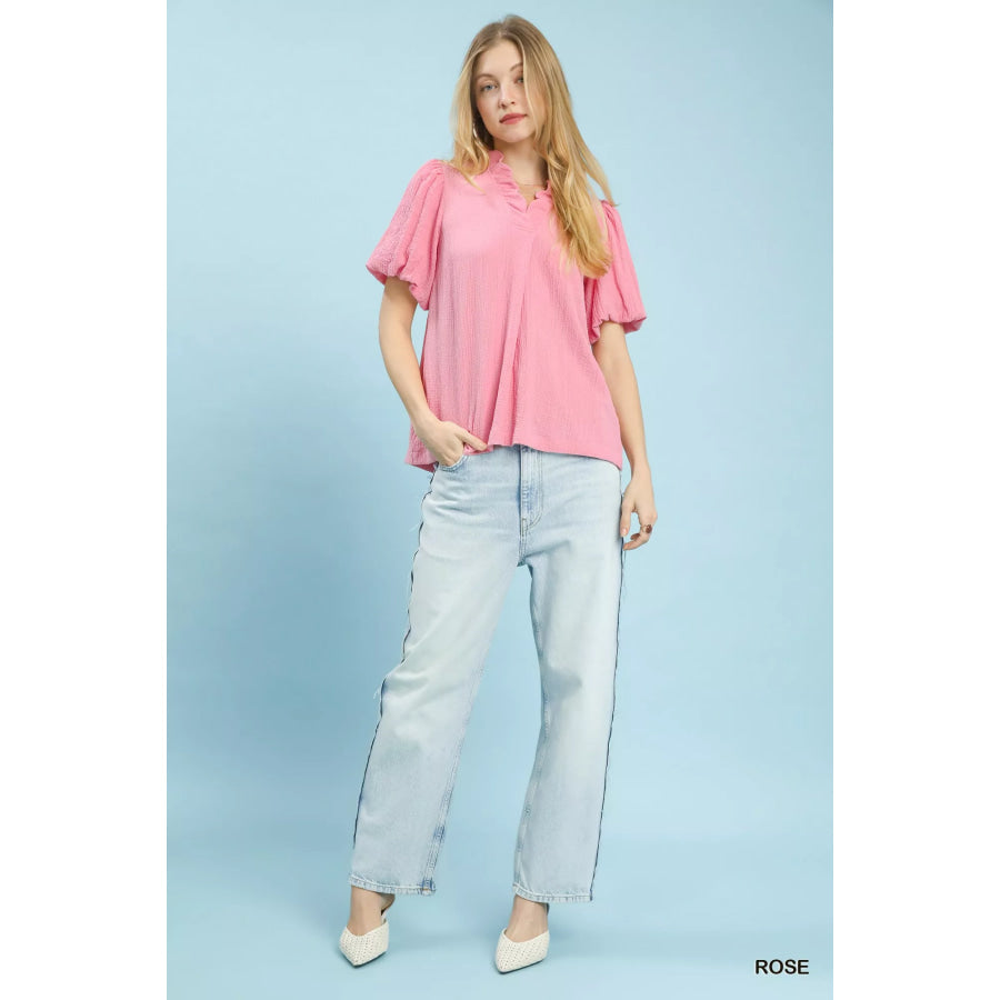 Umgee Seersucker Puff Sleeve Blouse Apparel and Accessories