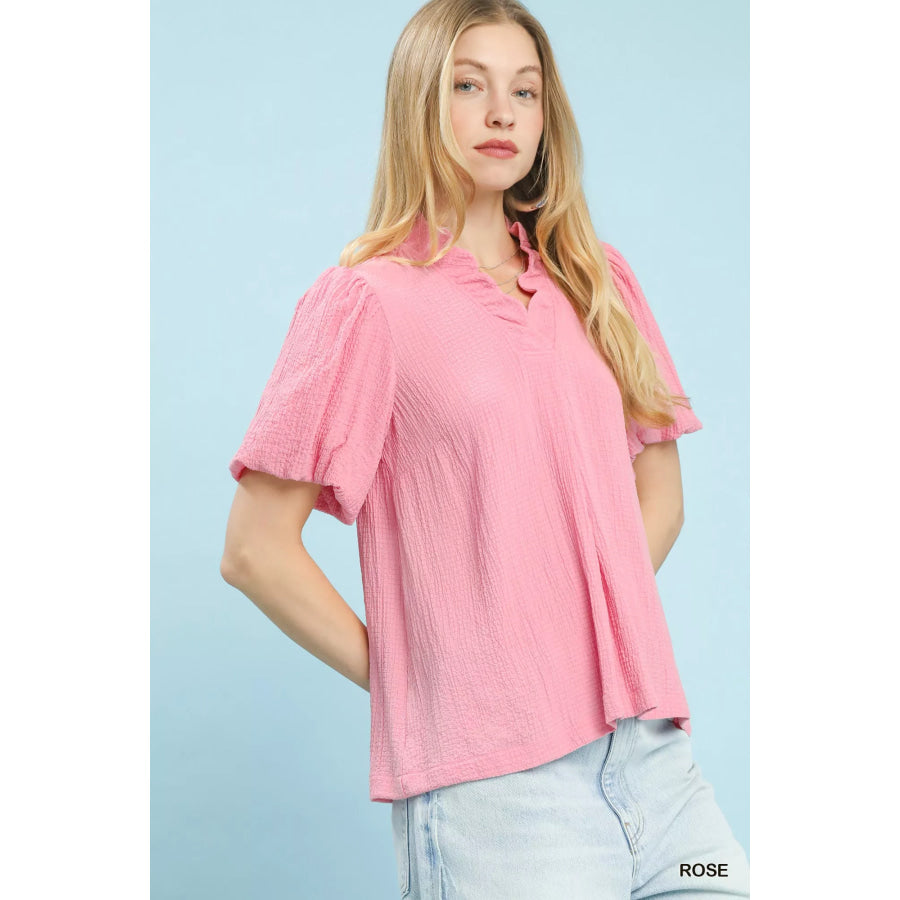 Umgee Seersucker Puff Sleeve Blouse Apparel and Accessories
