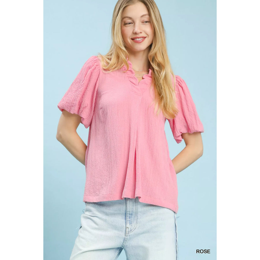 Umgee Seersucker Puff Sleeve Blouse ROSE / S Apparel and Accessories