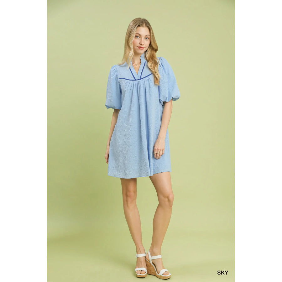 Umgee Seersucker Puff Sleeve Dress Apparel and Accessories