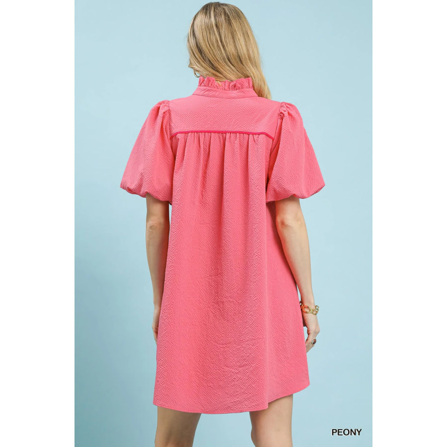 Umgee Seersucker Puff Sleeve Dress Apparel and Accessories