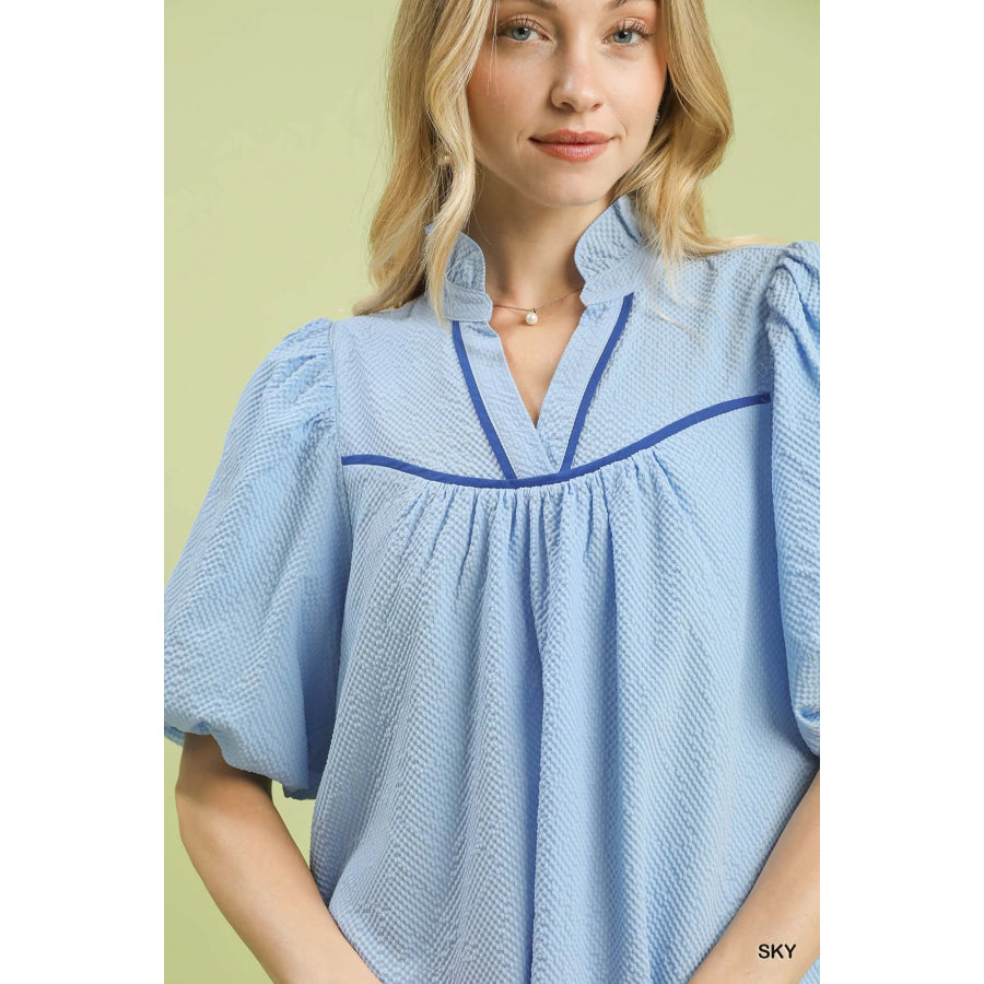 Umgee Seersucker Puff Sleeve Dress Apparel and Accessories