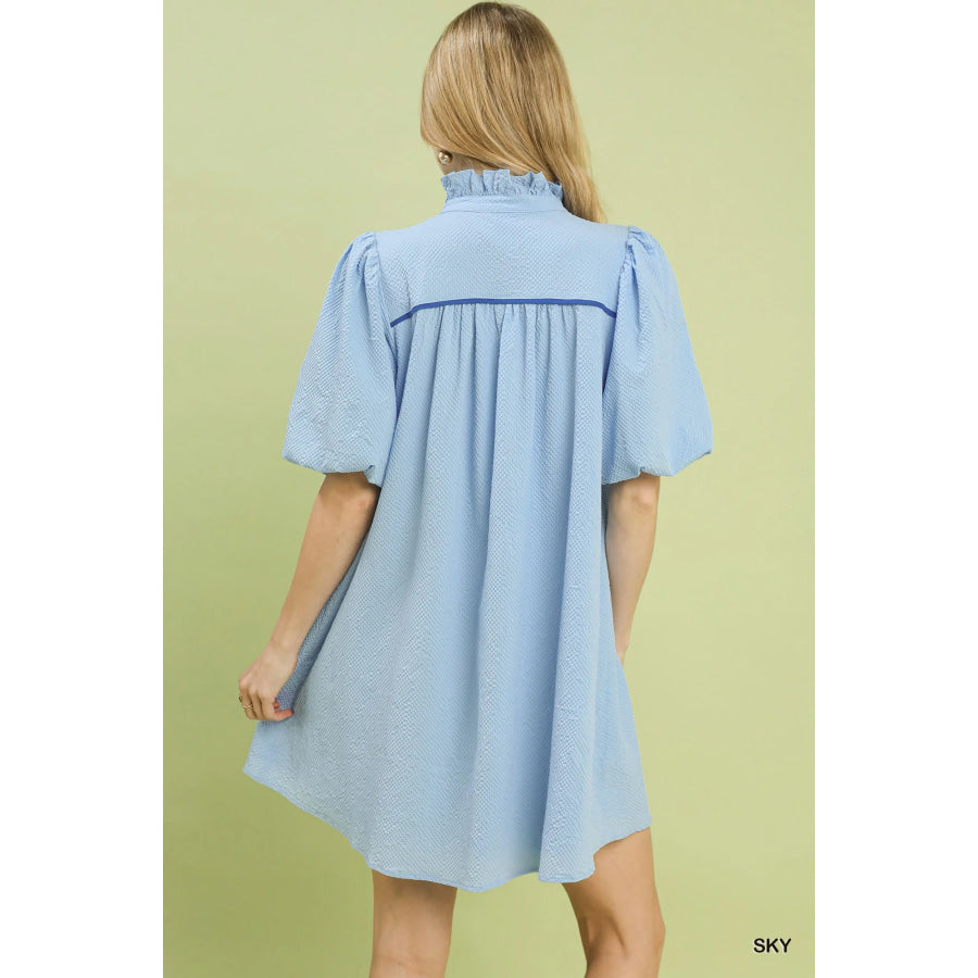 Umgee Seersucker Puff Sleeve Dress Apparel and Accessories