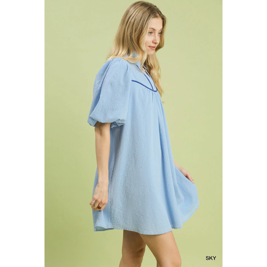 Umgee Seersucker Puff Sleeve Dress Apparel and Accessories