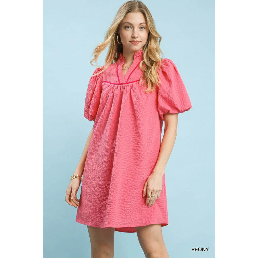 Umgee Seersucker Puff Sleeve Dress PEONY / S Apparel and Accessories