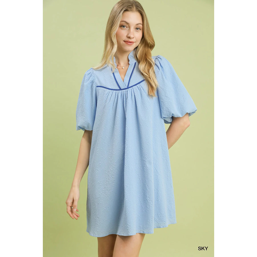 Umgee Seersucker Puff Sleeve Dress SKY / S Apparel and Accessories
