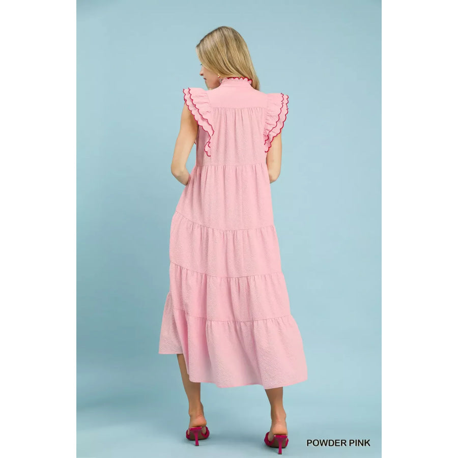 Umgee Seersucker Ruffle Sleeve Tiered Midi Dress Apparel and Accessories