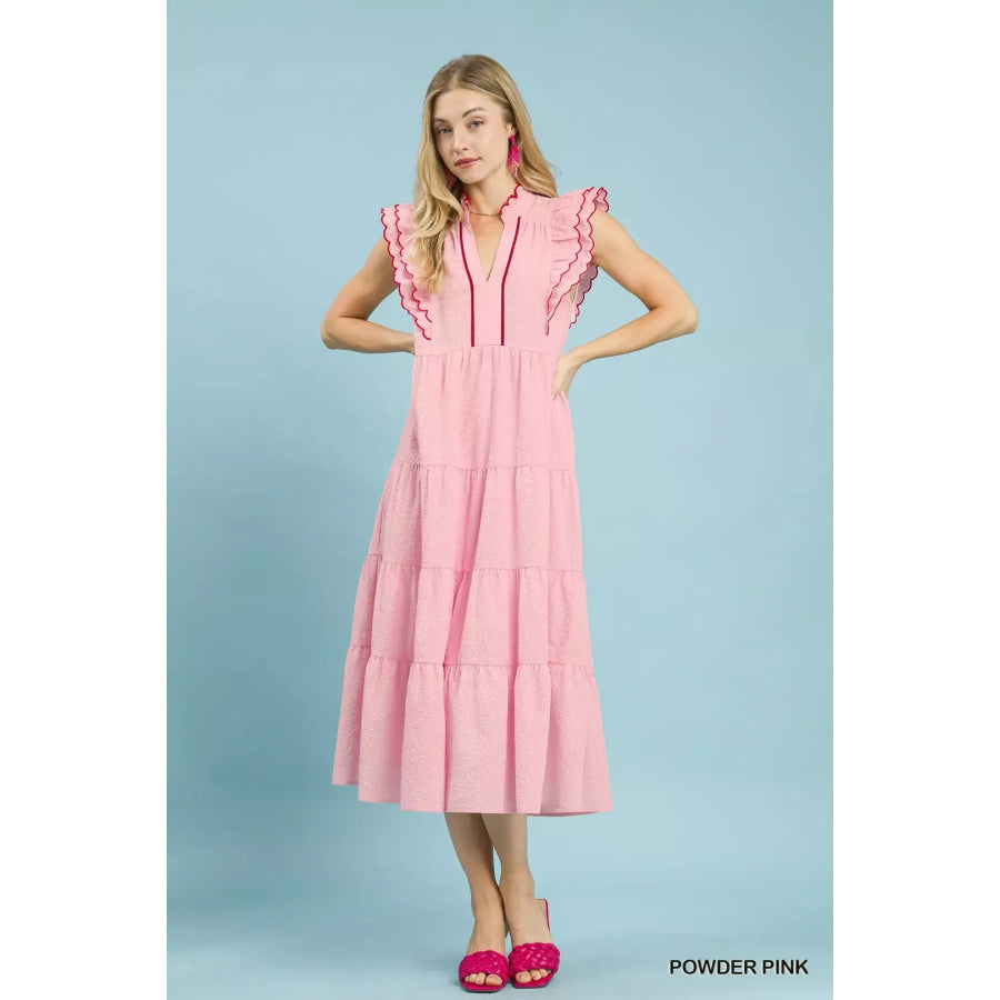 Umgee Seersucker Ruffle Sleeve Tiered Midi Dress Apparel and Accessories