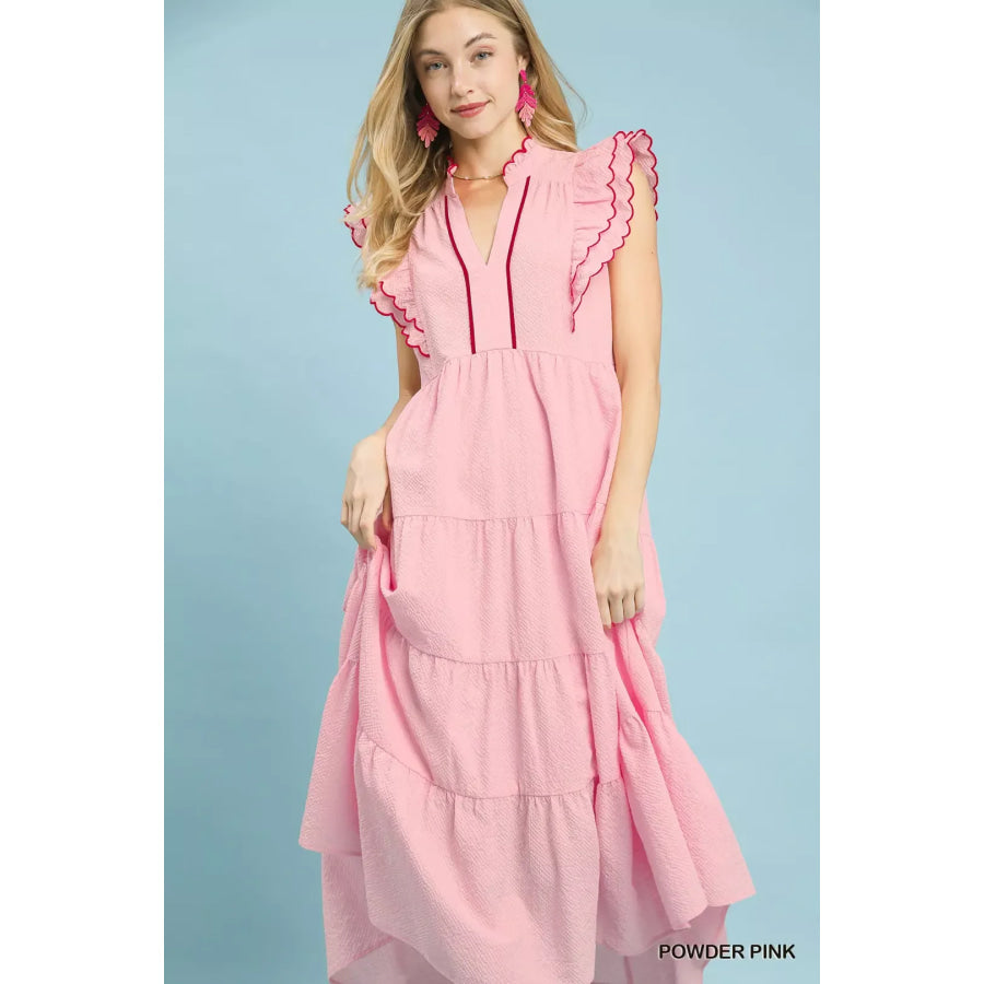 Umgee Seersucker Ruffle Sleeve Tiered Midi Dress POWDER PINK / S Apparel and Accessories
