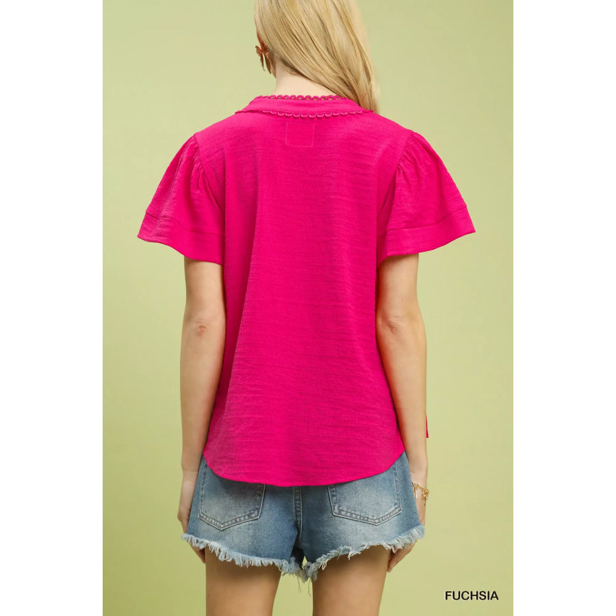 Umgee Seersucker Short Sleeve Top with Lace Trim Apparel and Accessories