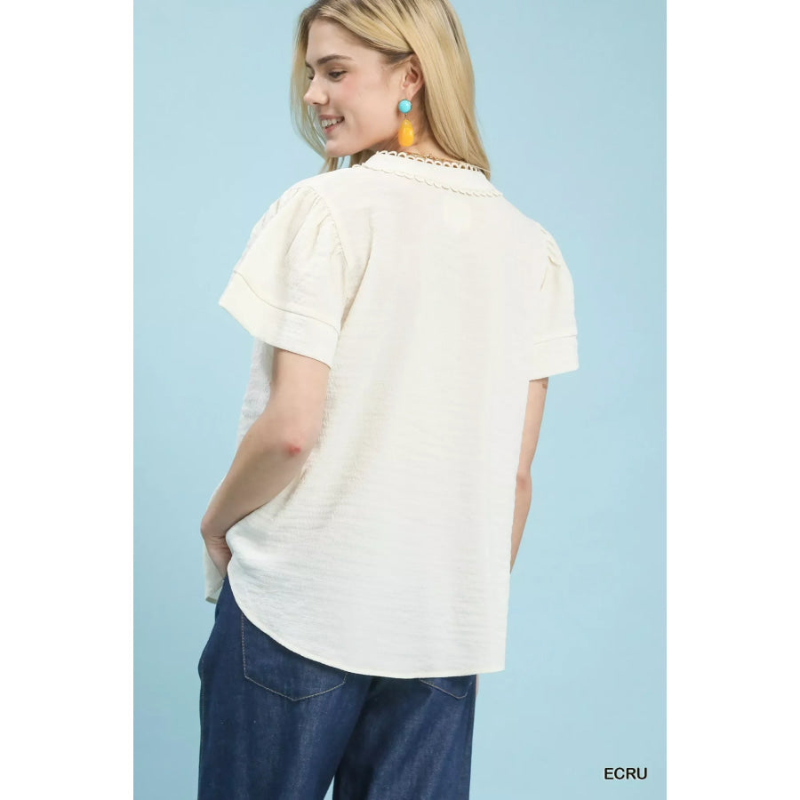 Umgee Seersucker Short Sleeve Top with Lace Trim Apparel and Accessories