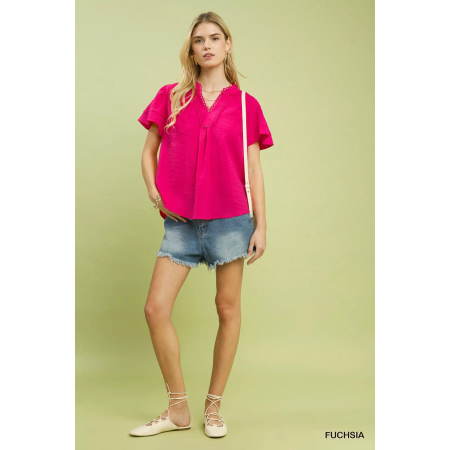 Umgee Seersucker Short Sleeve Top with Lace Trim Apparel and Accessories