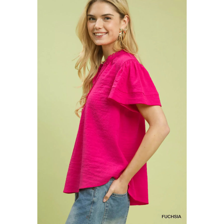 Umgee Seersucker Short Sleeve Top with Lace Trim Apparel and Accessories