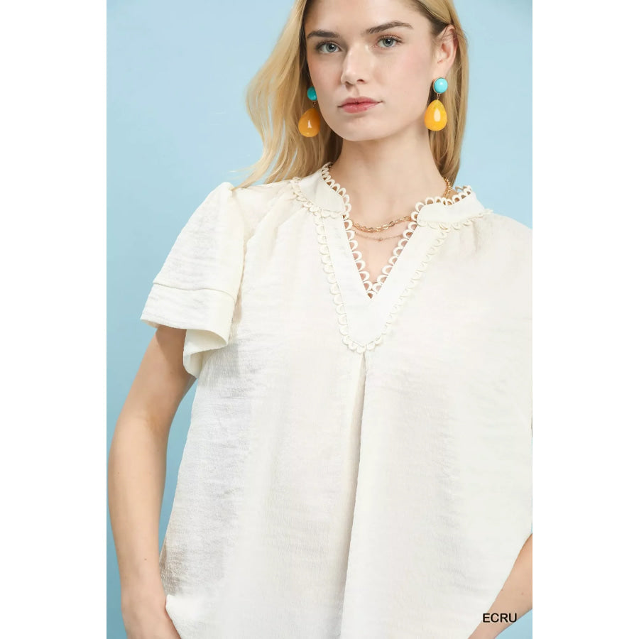 Umgee Seersucker Short Sleeve Top with Lace Trim Apparel and Accessories