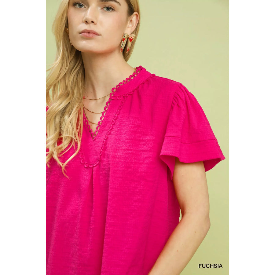 Umgee Seersucker Short Sleeve Top with Lace Trim Apparel and Accessories