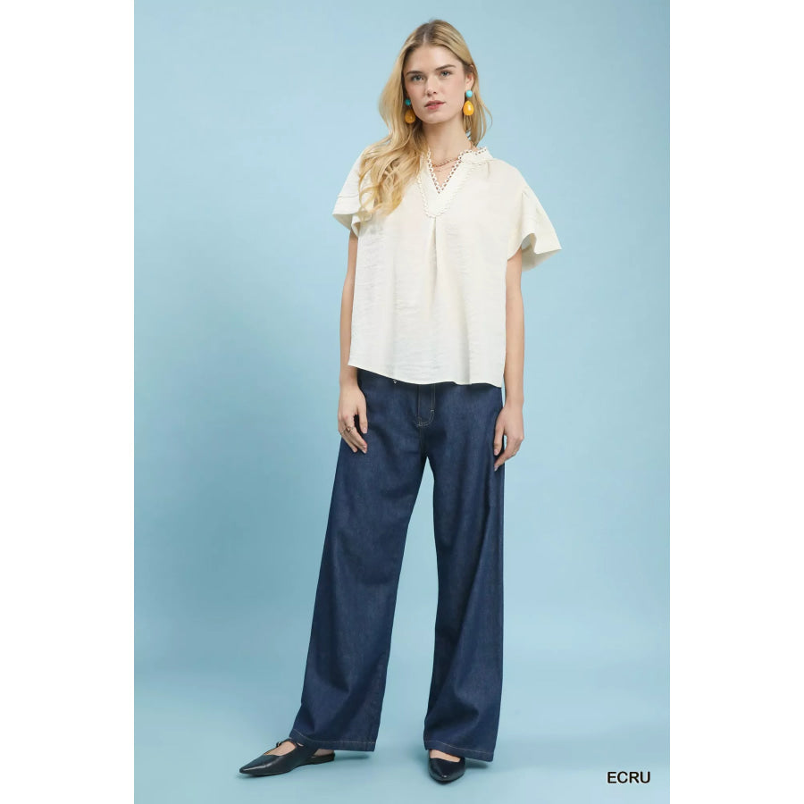Umgee Seersucker Short Sleeve Top with Lace Trim Apparel and Accessories