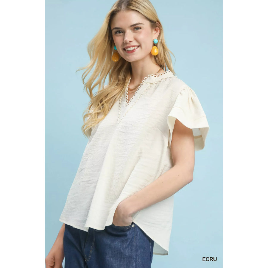 Umgee Seersucker Short Sleeve Top with Lace Trim Apparel and Accessories