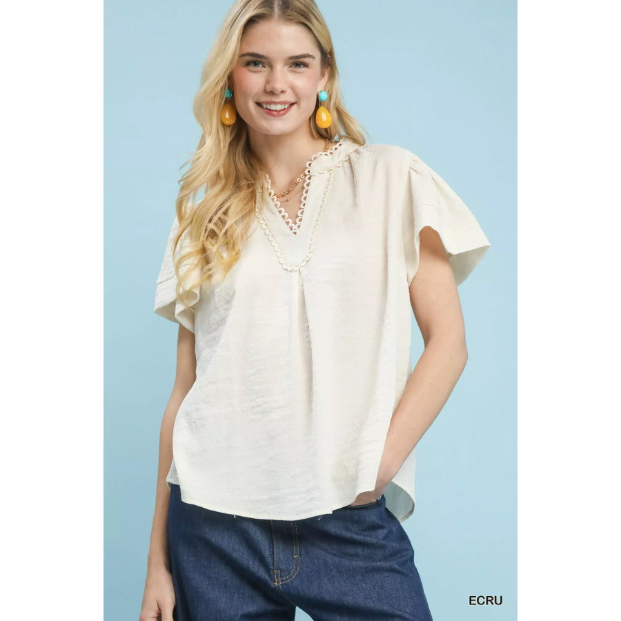 Umgee Seersucker Short Sleeve Top with Lace Trim ECRU / S Apparel and Accessories