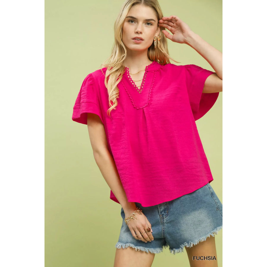 Umgee Seersucker Short Sleeve Top with Lace Trim FUCHSIA / S Apparel and Accessories