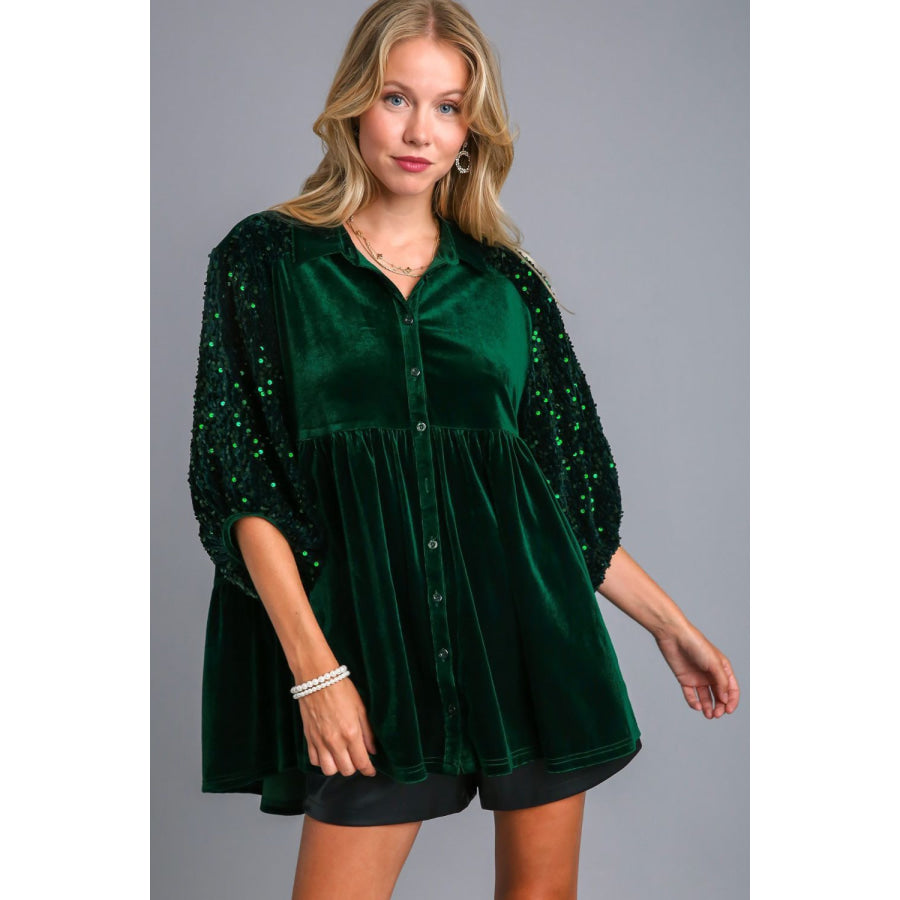 Umgee Sequin Detail Tiered Back Half Sleeve Shirt Apparel and Accessories