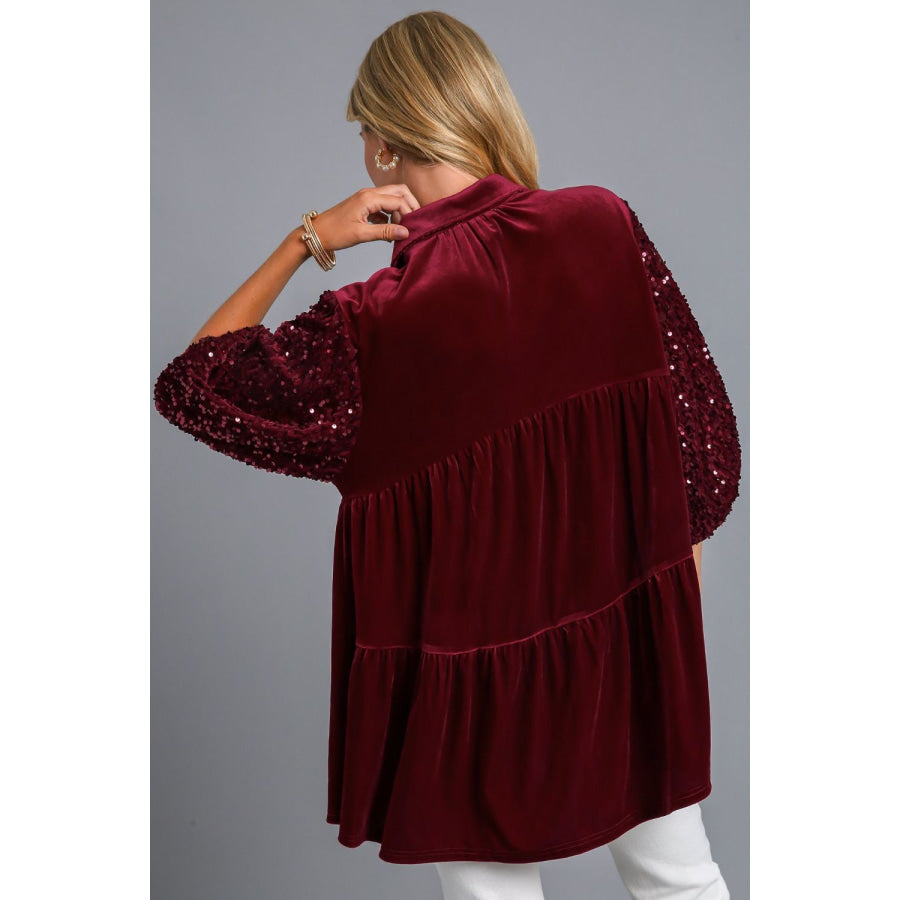 Umgee Sequin Detail Tiered Back Half Sleeve Shirt Apparel and Accessories