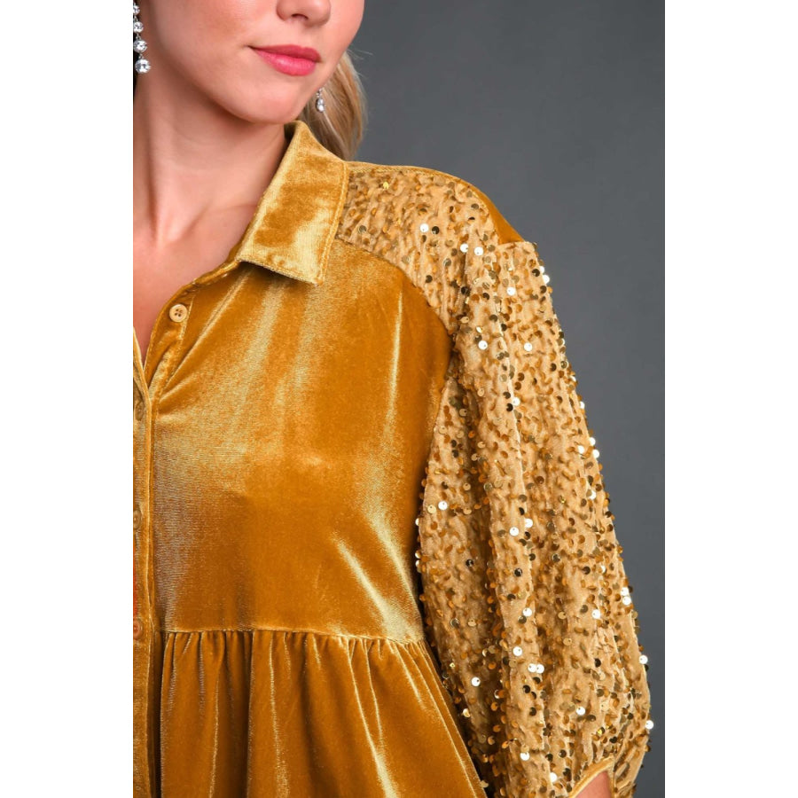 Umgee Sequin Detail Tiered Back Half Sleeve Shirt Apparel and Accessories