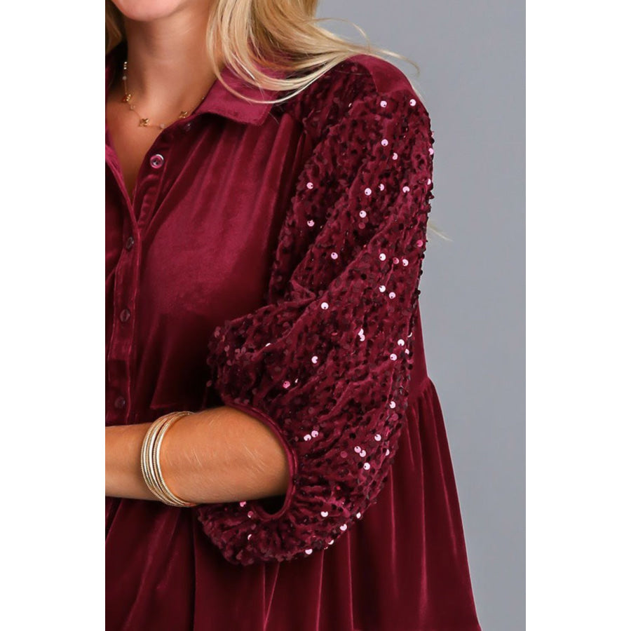 Umgee Sequin Detail Tiered Back Half Sleeve Shirt Apparel and Accessories